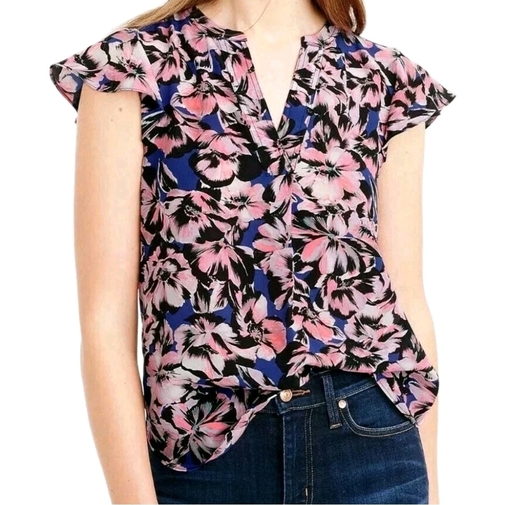 J.Crew Silk Floral Blouse Flutter Sleeve Size 4 Blue Pink Summer Preppy Casual